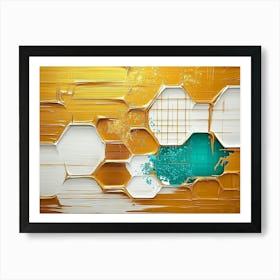 Golden Grain Textures, White Lattice and Turquoise Splashes Art Print