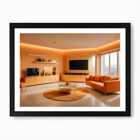 A Modern Living Room With A Yellow Accent Wall, An Orange Sofa, And A Fireplace Art Print