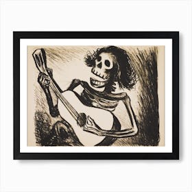 Skeleton 'Calavera' Playing Guitar - 1938 Vintage Sketch by Mexican Graphic Designer Leopoldo Mendez - Witchy Gothic Funny Cool Skull Art Witchcore Dark Aesthetic Remastered High Definition Collectable Gallery 1 Art Print