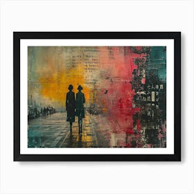 Temporal Resonances: A Conceptual Art Collection. Two People Walking In The Rain Art Print