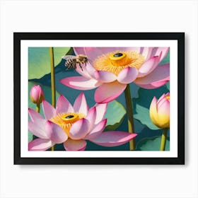 Bee On Lotus 1 Art Print