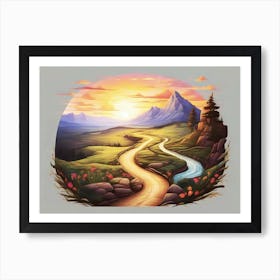 Beautiful Country Path With A Small River And Some Flowers And Trees Leading To A Bright Sunrise By The Mountains - Vivid Color Illustration Art Print