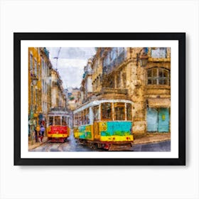 Trams In Lisbon Watercolour Painting Art Effect Colourful Print Art Print