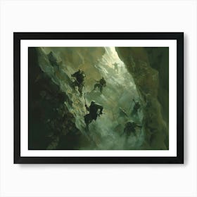 A Painting, An Illustration, Dnd Art, Mtg Art, Lord Of The Rings, An Orc Horde Of 5, 5 Orcs, Orcs With Spears Hammers Axes And Armour, Orcs And Ogres, Orcs In Armour, Orcs Are Climbing Rock Inside An Old Mine, Orcs Climbing Looking M Poster