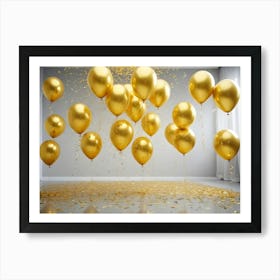 A Festive Scene With Gold Balloons Floating In A Room, Surrounded By Confetti, Creating A Joyful And Celebratory Atmosphere Art Print