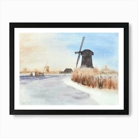 Windmills In Winter watercolor Art Print