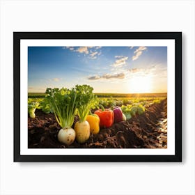 A Variety Of Fresh Vibrant Vegetables Sprouting From Rustic Soil Bathed In The Golden Hour Sunligh Art Print