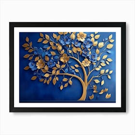 Elegant Gold and Royal Blue Floral Tree with Seamless Leaves and Flowers Hanging Branches 2 Art Print