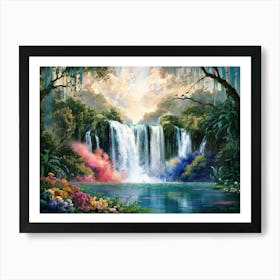 Majestic Waterfall Forest with Flowers Painting #7 Art Print