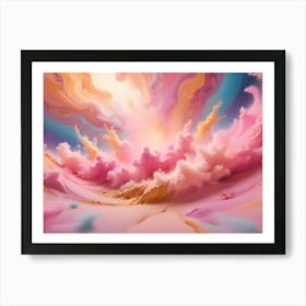 A Surreal Landscape With Swirling Pink Clouds, Golden Sand Dunes, And A Bright Light Source Art Print