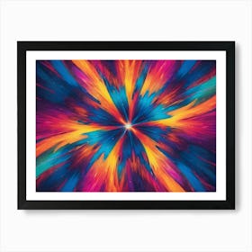 Abstract Burst Of Vibrant Colors Blue, Orange, Pink, And Yellow Radiating Outwards From A Central Point, Creating A Sense Of Energy And Motion Art Print