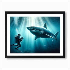 Scuba Diver And Great White Shark Art Print