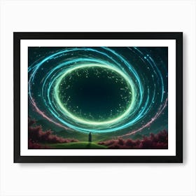 A Woman Stands On A Grassy Hill Looking At A Bright, Glowing Circle In The Sky Surrounded By Swirls Of Light And Stars Art Print