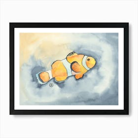 Yellow Orange Fish Swimming In Gray Watercolor - hand painted living room kid nursery Art Print