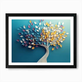 Colorful Tree With Leaves On Hanging Branches Of Blue, White And Golden Illustration 1 Art Print