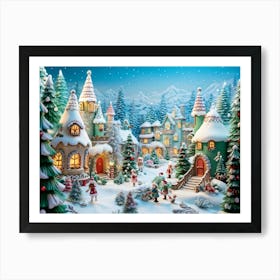 Fairytale Winter Landscape In Soft Colors Detailed Green Fir Trees Laden With Snow Whimsical Gnome Art Print