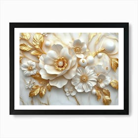 3d Floral Elegance Seamless Gold And White Ceramic Marble Texture Poster