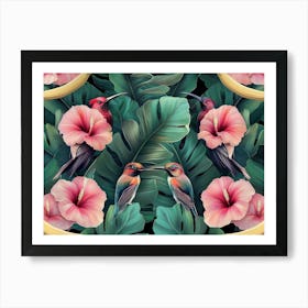 Tropical Background with Exotic Flowers, Birds and Banana Leaves Poster