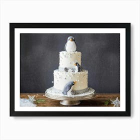 A Charming Penguin Themed Cake Adorned With Festive Wintry Accents Placed In The Heart Of A Spaci 1 Art Print