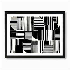 Retro Inspired Linocut Abstract Shapes Black And White Colors art, 195 Art Print