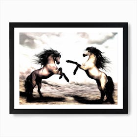 Two Horses Fighting Horse Digital Painting Animal Painting Drawing Art Print