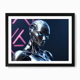 A Close Up Portrait Of A Female Robot With Silver Metallic Skin And Glowing Blue Eyes, Creating A Futuristic And Elegant Aesthetic Art Print