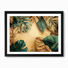 Vintage Tropical Green Brown Leaves, Beige Background, Golden Texture 8 Art Print