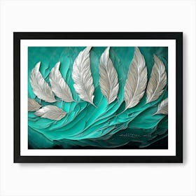 3d Abstract Featuring Deep Emerald Backdrop Glimmering Bronze Feathers and Captivating Landscape Elements Art Print