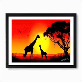 Mother And Baby - Giraffes At Sunset 2 Art Print