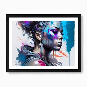 Dream Beauty In Rain Coat Portrait - Acid Wash Effect Color Splash Painting Art Print