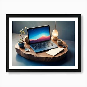 A Laptop With A Blue, Mountain Like Landscape On The Screen Sits On A Wooden Table In A Minimalist Setting Art Print