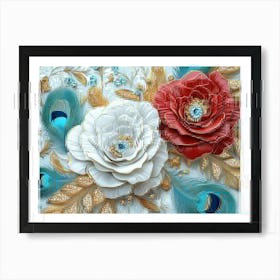 3d Design Illustration Seamless Pattern Diamond Painting White, Crimson, Turquoise And Golden Roses Flowers Poster