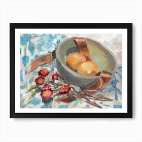 Lemons On Blue Pattern Tablecloth Art Print