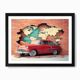 Colorful 3d Art with Broken Brick Wall, Classic Red Car and World Map Art Print