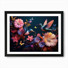 Beautiful Summer Blooms, Butterflies and Hummingbirds In 3d Background of Dark Vibrant Colors Art Print