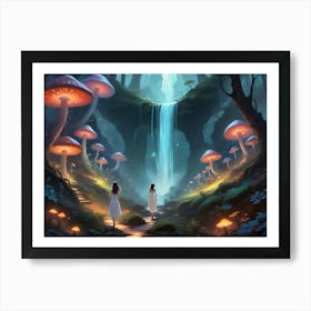 Woman Walking Through A Mystical Forest With Glowing Mushrooms And A Waterfall 7 Art Print