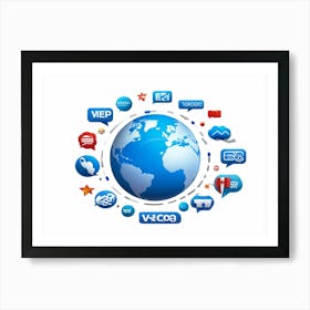 Blue Globe Three Dimensional Icon Designs Of A Speech Bubble And A Translator Symbol Fused Into The (1) 2 Art Print