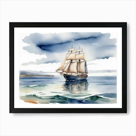 Sailing ship on the sea, watercolor painting 2 Art Print