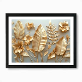 Gold Floral Plants and Palm Leaves 3d Abstract Tropical Leaves, Banana Leaves 1 Art Print