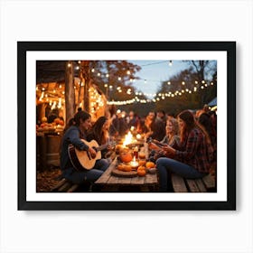 Autumn Festival Illuminated By String Lights Rustic Decorations Such As Dried Corn Husks Pumpkin A (5) Art Print