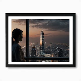 Woman Looking Out Window At Night Art Print