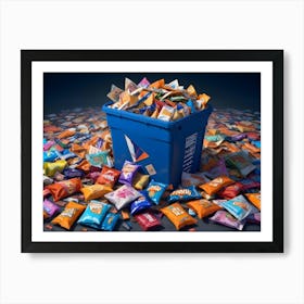 A Blue Recycling Bin Filled With An Overflowing Amount Of Colorful Chip Bags Art Print