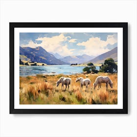 Horses Painting In Lake District, New Zealand, Landscape 1 Art Print