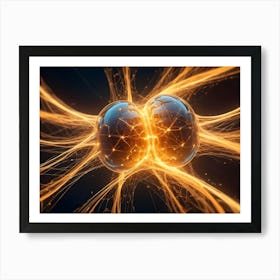 Abstract 3d Illustration Of Two Glowing Orbs Connected By Streams Of Bright, Golden Light Against A Dark Background Art Print