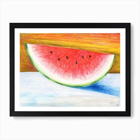 Watermelon Drawing Hand Drawn Colored Pencils Still Life Modern Bright Colorful Kitchen Dining Art Print