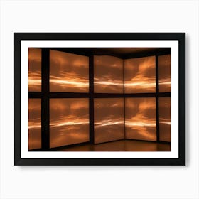 A Room With Eight Screens Showing A Looping Image Of A Landscape With A Sunset Art Print