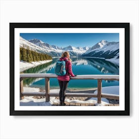 Woman trekking at snowy winter Alps, Rocky Mountains Art Print