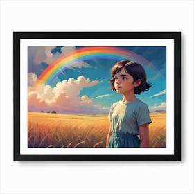 Young Girl With Brown Hair And Blue Eyes Standing In A Field Of Wheat With A Rainbow In The Sky Art Print