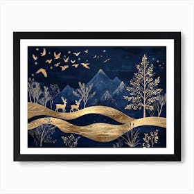 Dark Blue from The Contemporary Era Christmas Tree, Mountain, Deer, Birds and Waves of Gold Art Print