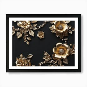 Gold Flowers On Black Background 11 Art Print